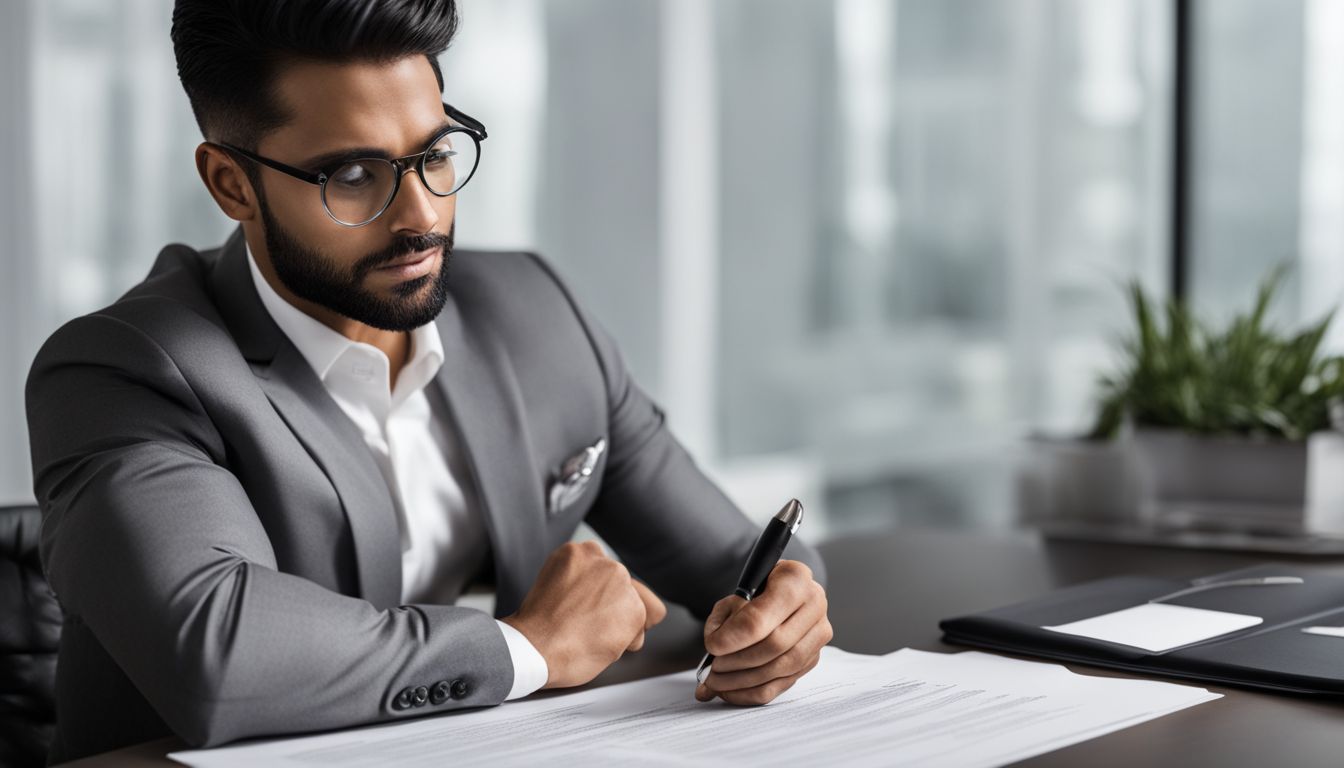 A real estate agent examines a document with a magnifying glass.