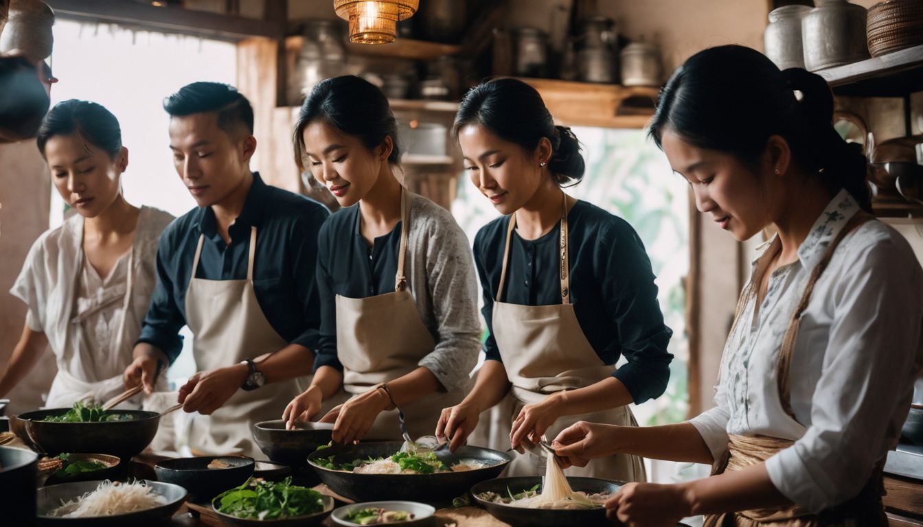 A group of Vietnamese individuals preparing traditional food in a vibrant kitchen.