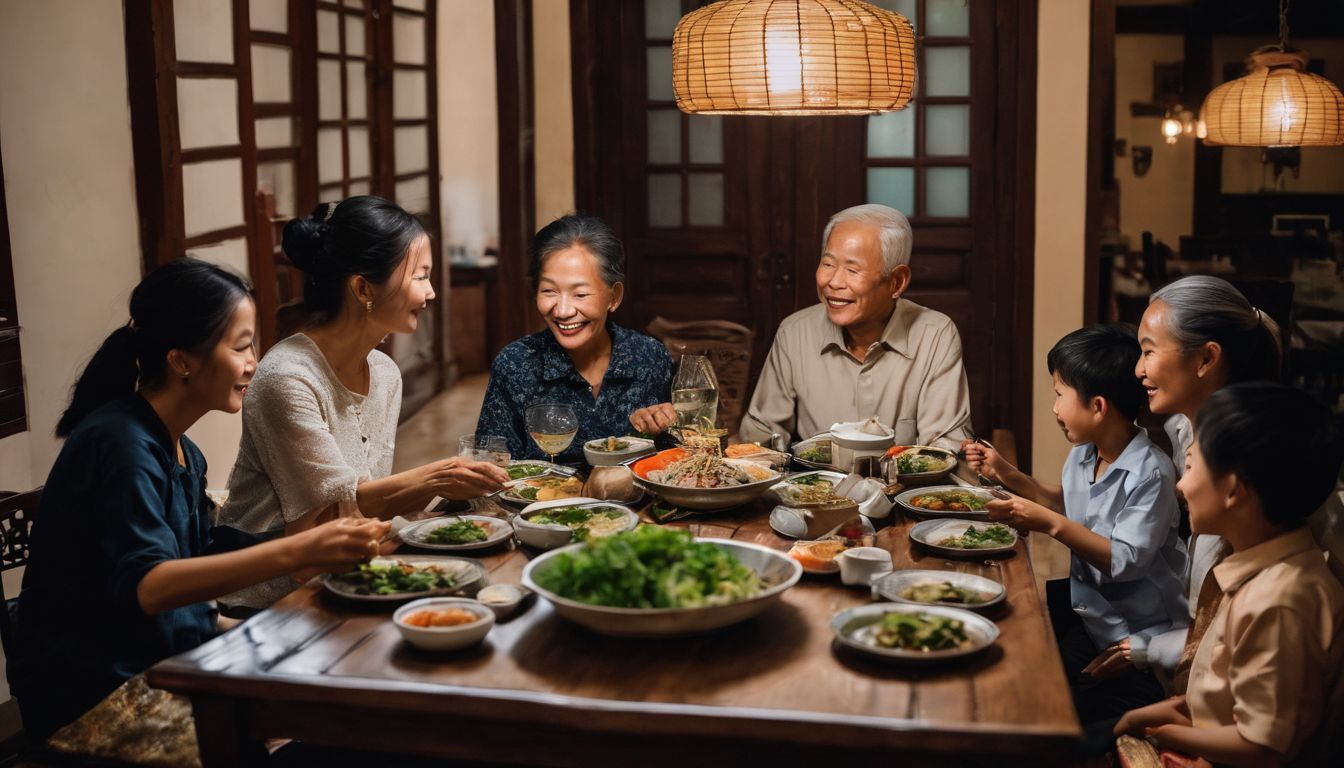 A multi-generational Vietnamese family enjoying a meal in a traditional home.