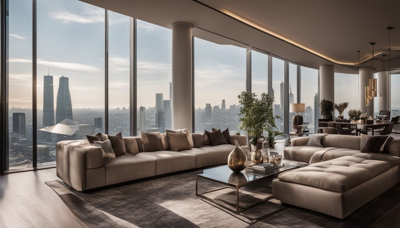 A luxurious living room with floor-to-ceiling windows overlooking a stunning city skyline.