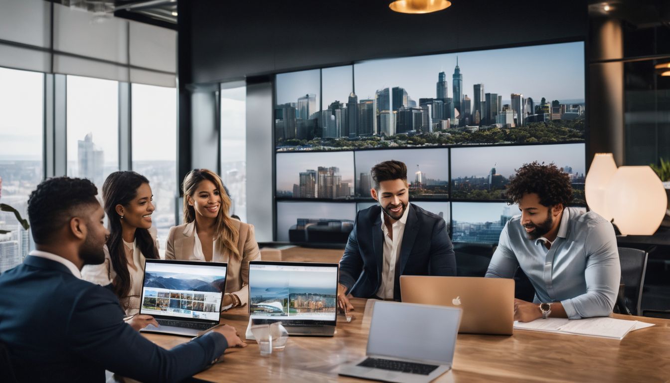 A diverse group of real estate professionals collaborating in a modern office.