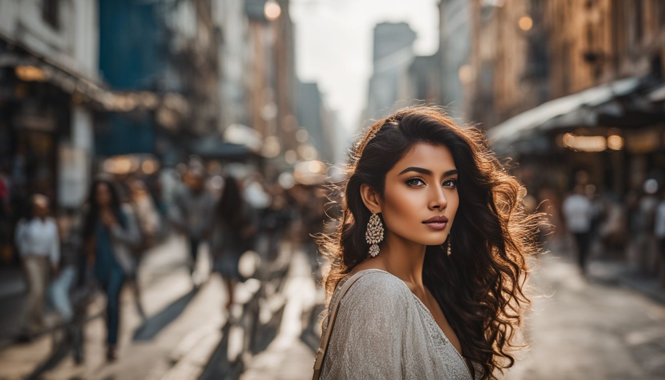 A fashionable woman exploring a vibrant city street in different outfits.