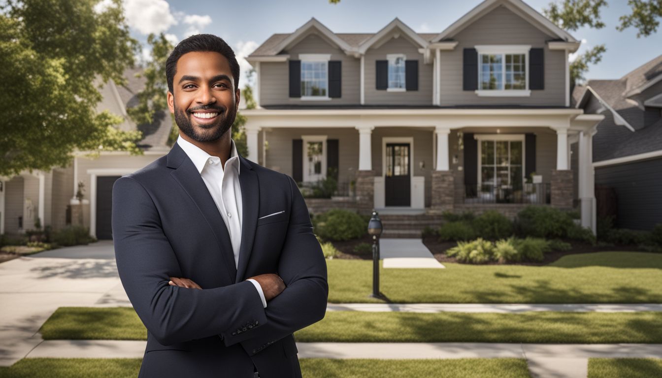 A real estate agent standing in front of a neighborhood sign.