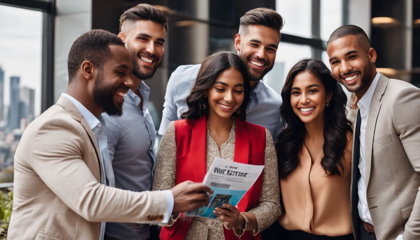 A diverse group of people holding a real estate flyer and talking.