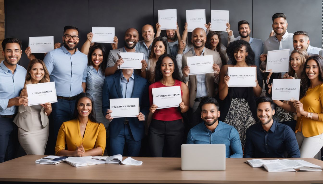 A diverse group of satisfied clients holding positive review signs.