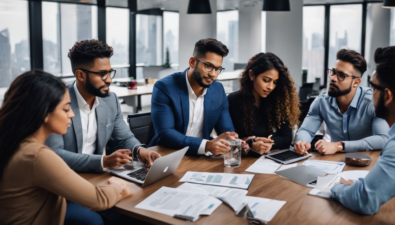 A diverse group of professionals brainstorming social media marketing strategies.