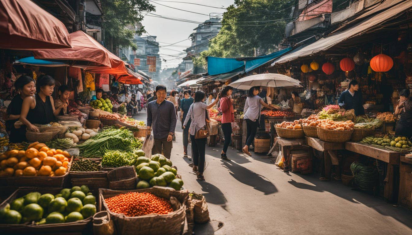 A lively Vietnamese market showcases cultural diversity and vibrant energy.