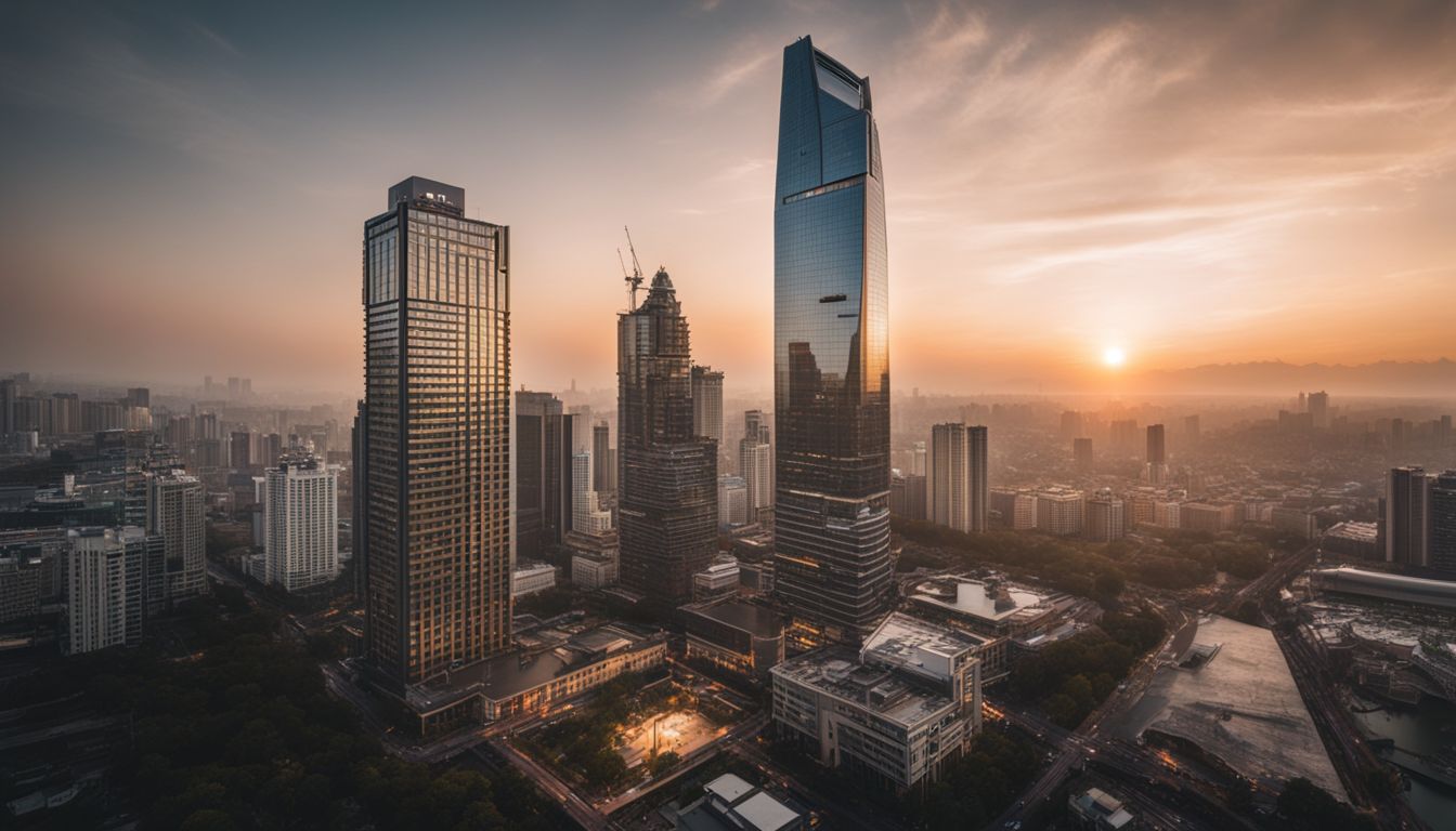 A modern high-rise building stands tall above a vibrant city skyline.