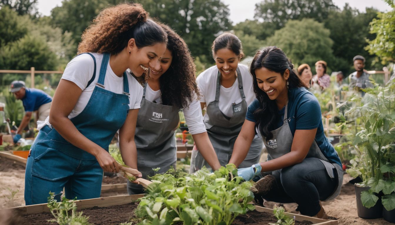 A diverse group of volunteers working together in a community garden.