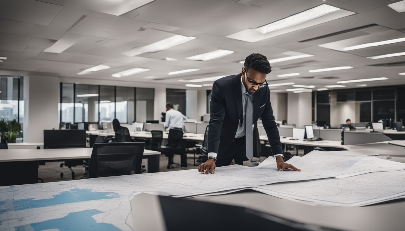 An architect studying FEMA flood maps in a modern office building.