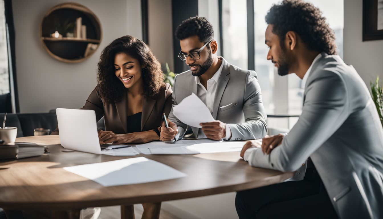 A real estate agent and buyer signing documents at a closing table.