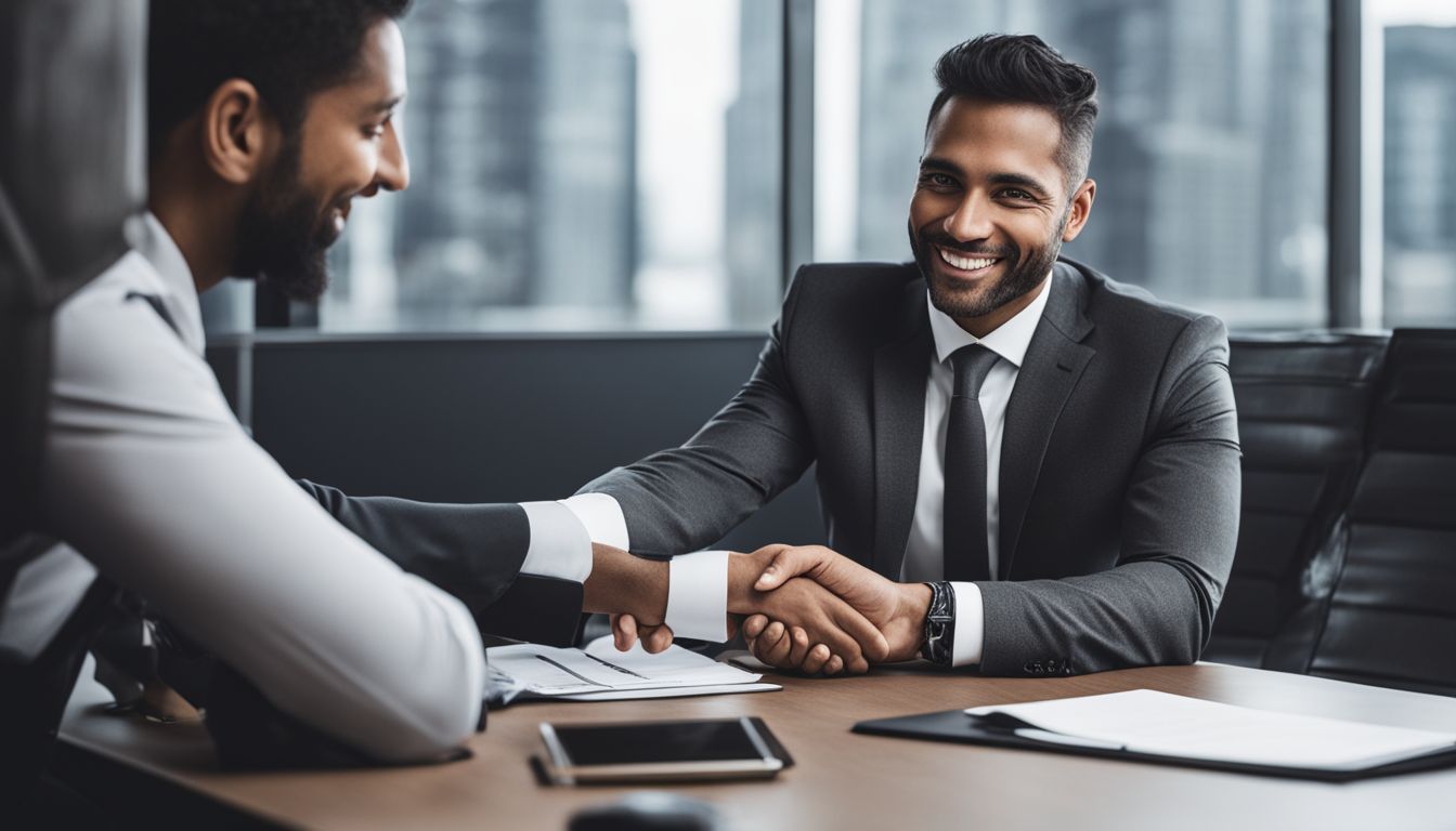 A businessman shaking hands with a private lender in a modern office.