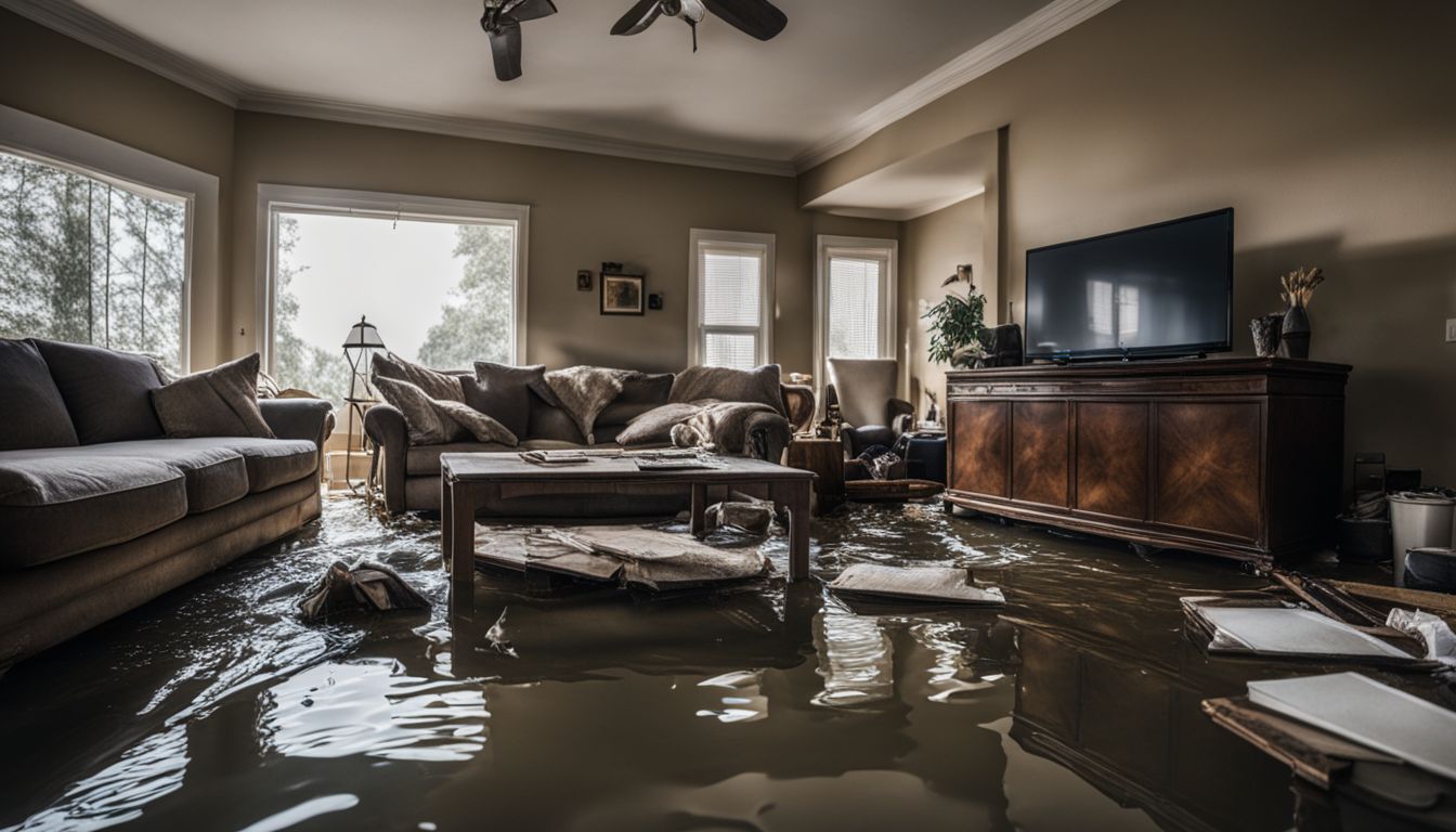 A flooded living room with damaged furniture and personal belongings.