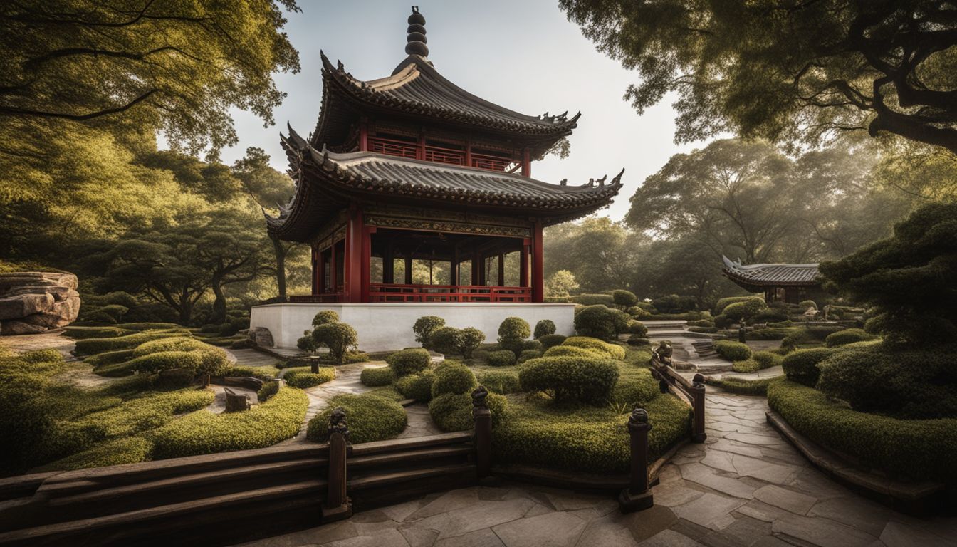 A serene garden with a traditional Chinese pagoda showcasing Feng Shui principles.