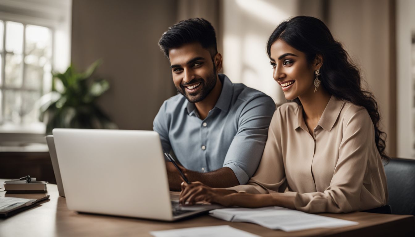 A man and a woman discuss loan pre-approval at a desk.