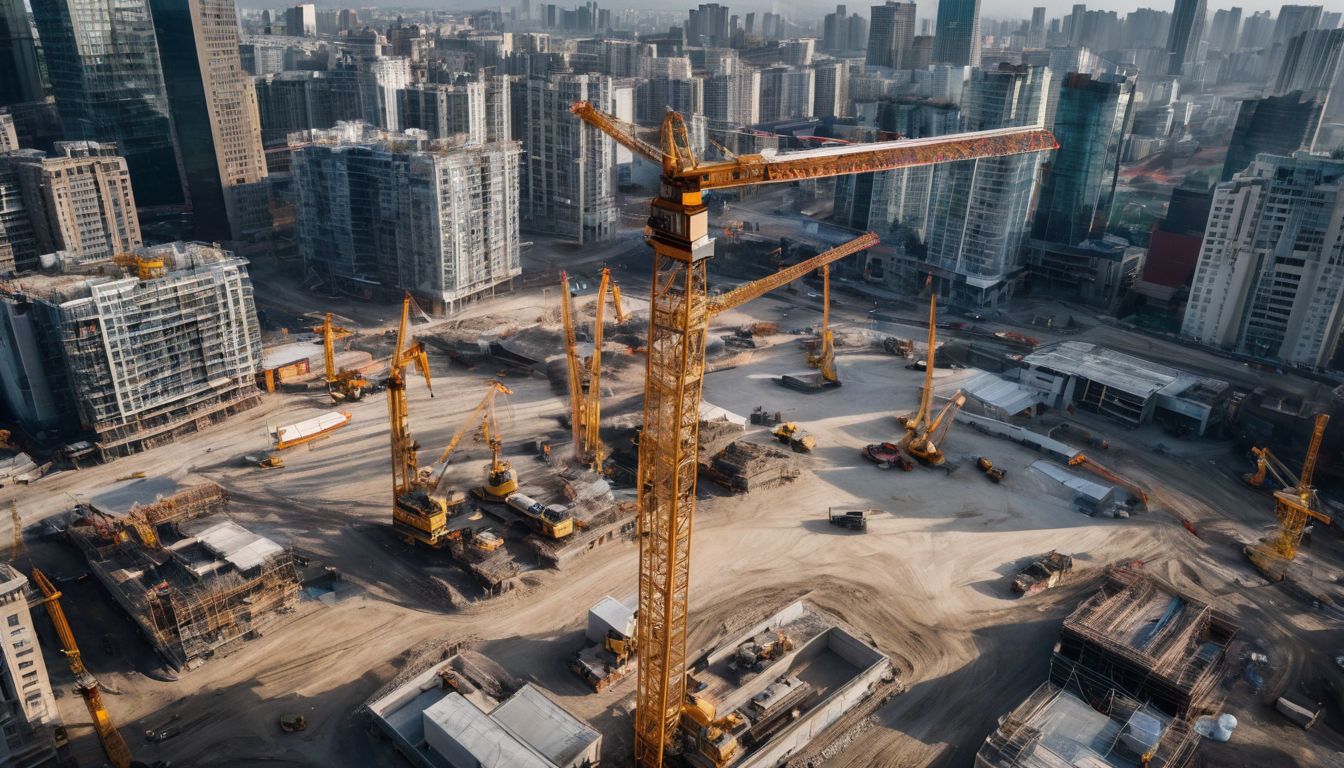 A vibrant construction site with cranes, workers, and bustling activity.