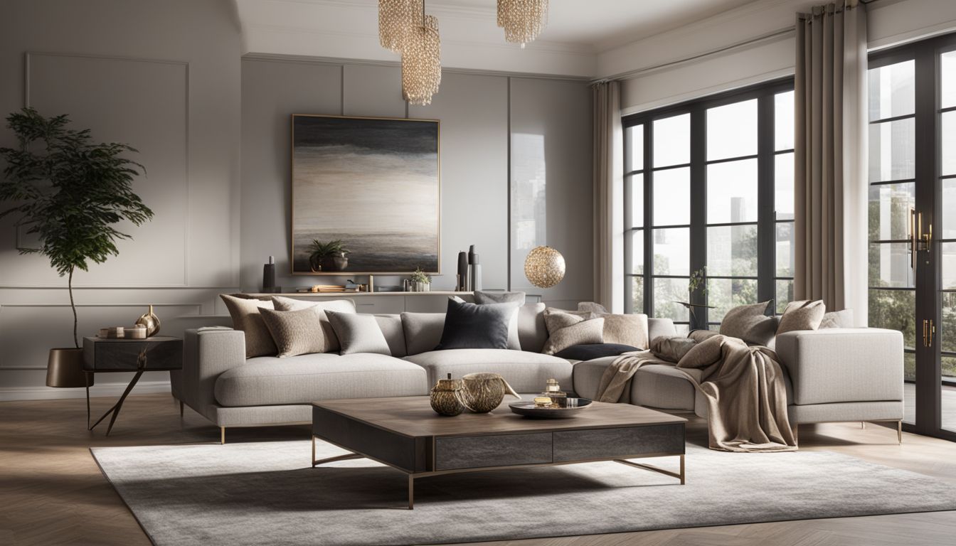 A virtual staged living room with contemporary furniture and diverse people.