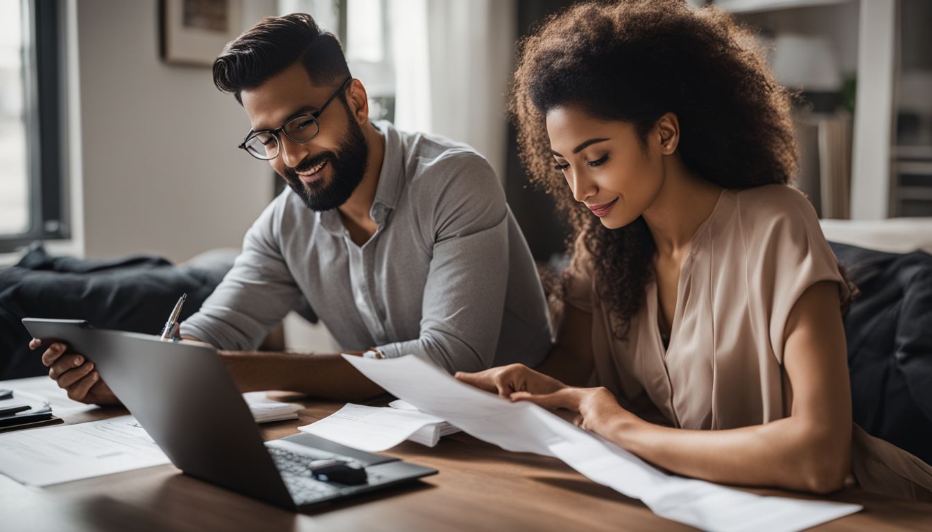 A woman and a man reviewing mortgage papers together.