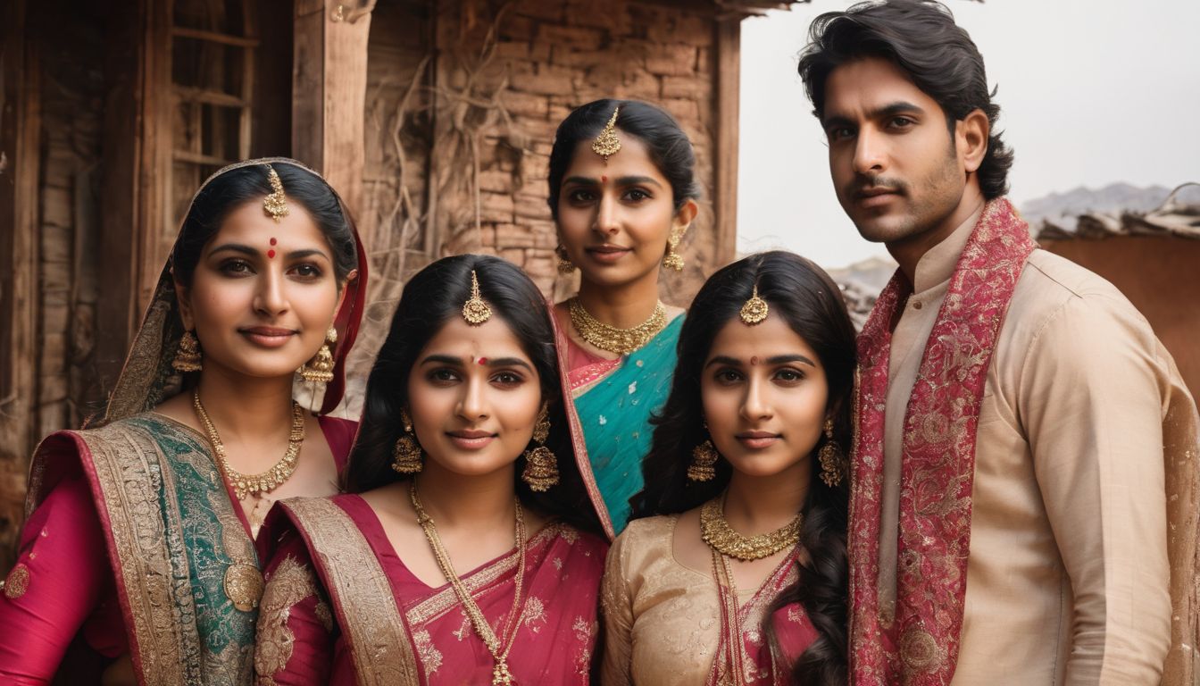 A South Asian family poses in front of their home with valuable possessions.