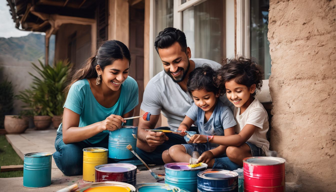 A family happily painting their home exterior together.