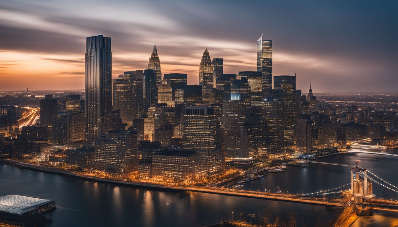 A diverse city skyline with various landmarks and people.