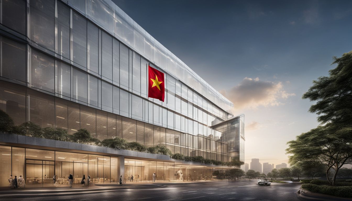 A modern office building in Vietnam proudly displays the national flag.